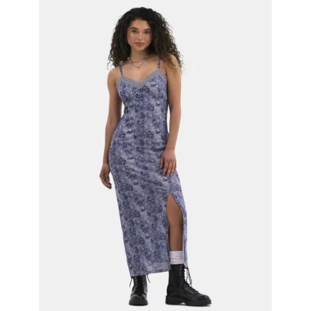 Lace Trim Mesh Dress, Floral Blue